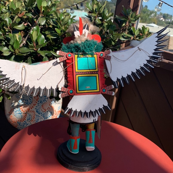 Hopi Indian Kachina Doll wooden, 11” tall wooden stand w feathers wings vintage - Picture 5 of 12